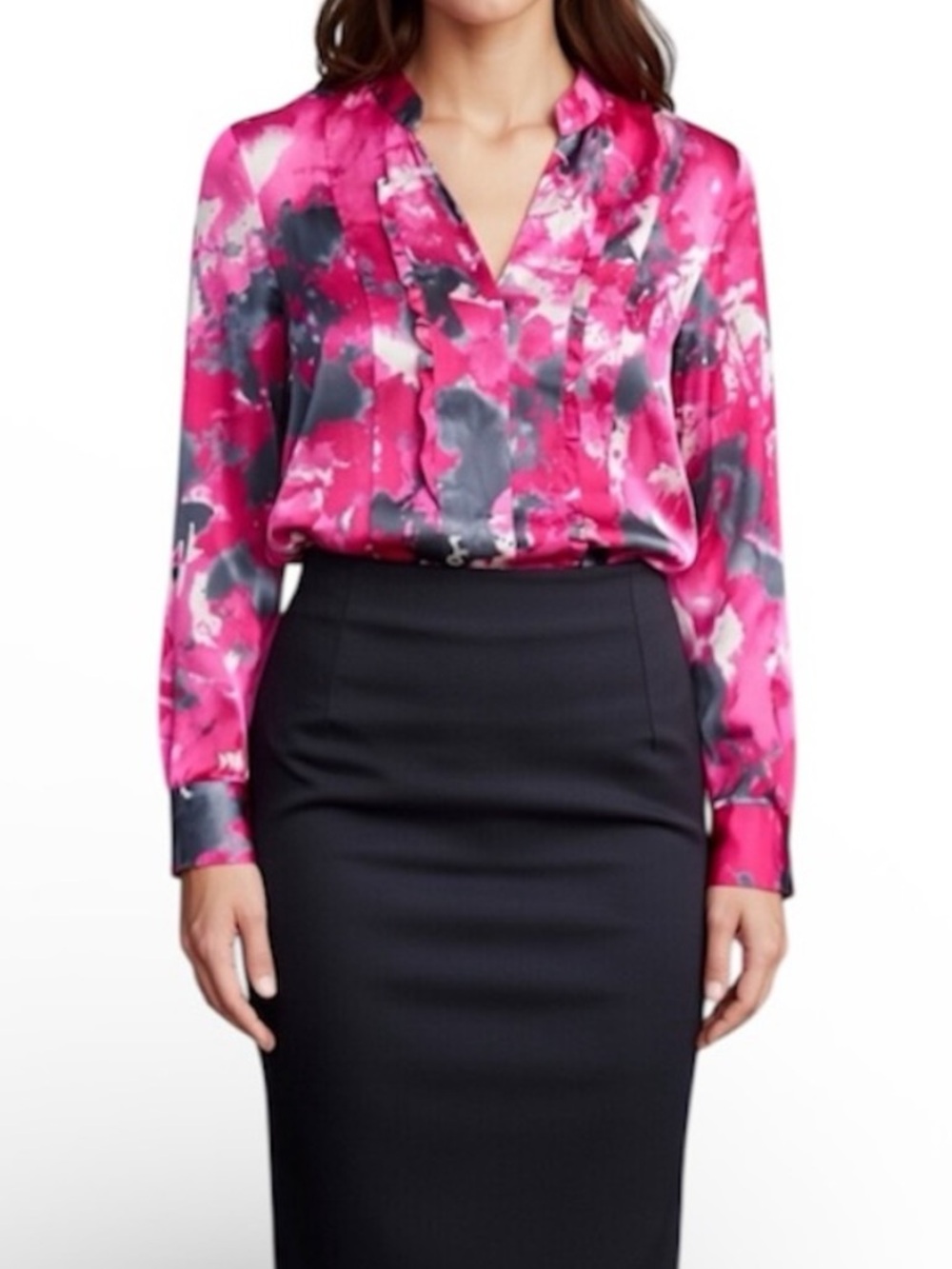 JONES NEW YORK Colourful Ruffle Front Button Down Pink Blouse